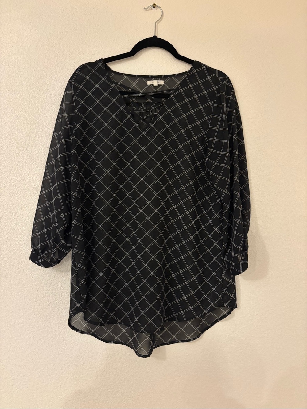 Maurices Black Plaid Lace-Up V-Neck Blouse